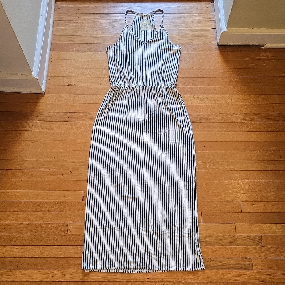 NWT, Olivia Rae, Black & Cream Stripe Halter Maxi Dress, Women's L